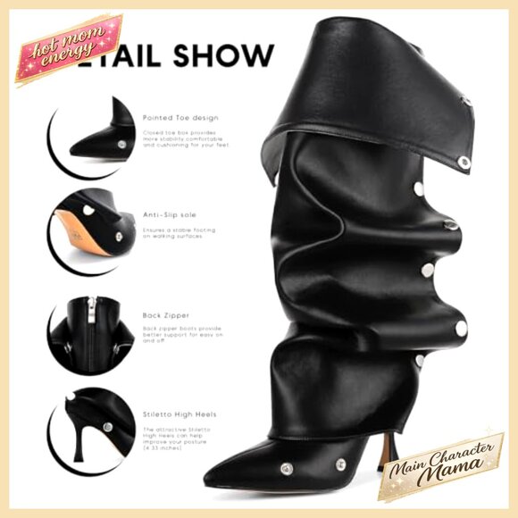 Knee High Stiletto Boots Wide Calf Ruched Slouchy Detachable Panel Black - Picture 5 of 6